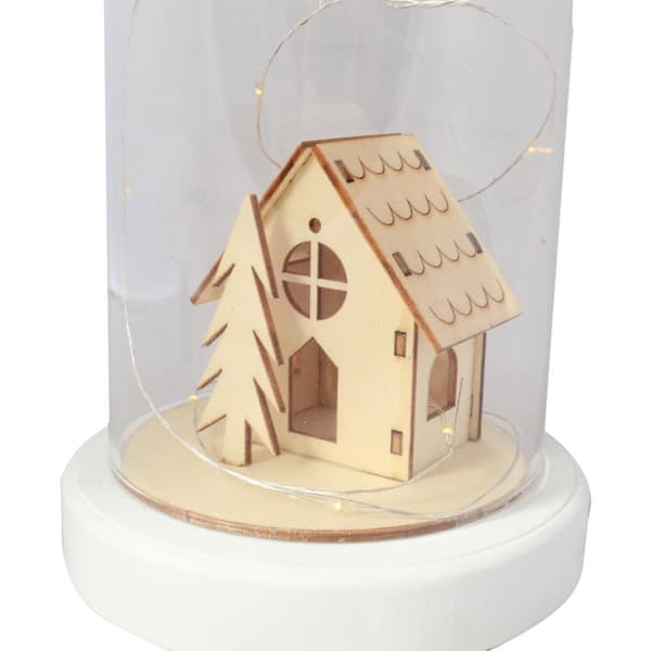 Kuppel med glas Diorama kirke og juletræ med LED belysning