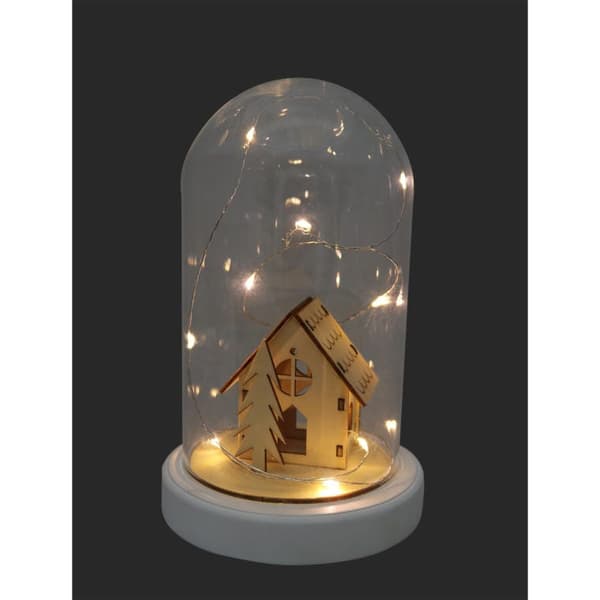 Kuppel med glas Diorama kirke og juletræ med LED belysning