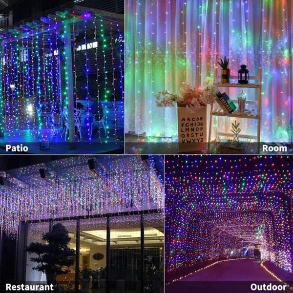 Laajennettavan kokoinen LED-valoverho 100 värikkäällä lumihiutaleen muotoisella valolla