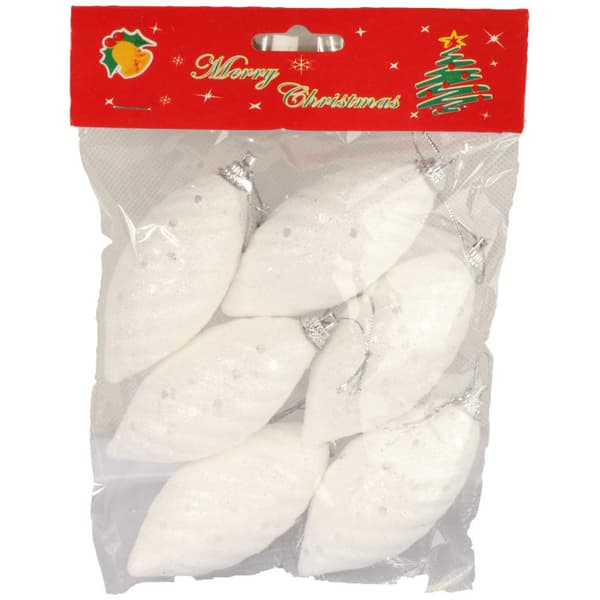 Set med 6 vita frigolitkulor i form av kottar med glitter, 9 cm