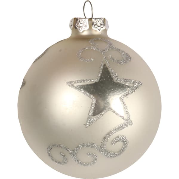 Set med 6 stycken Silverglaskulor - Blandning av glansigt och matt med glitterdekor, 8 cm