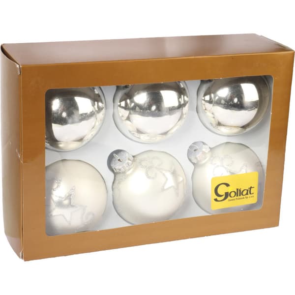 Set med 6 stycken Silverglaskulor - Blandning av glansigt och matt med glitterdekor, 8 cm