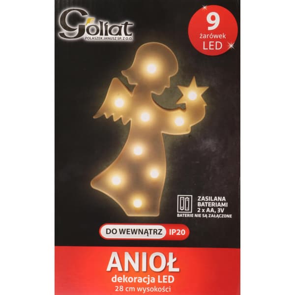 Valkoinen Angel LED 9l valokoristeella, toimii 2xAA paristolla, 28 cm