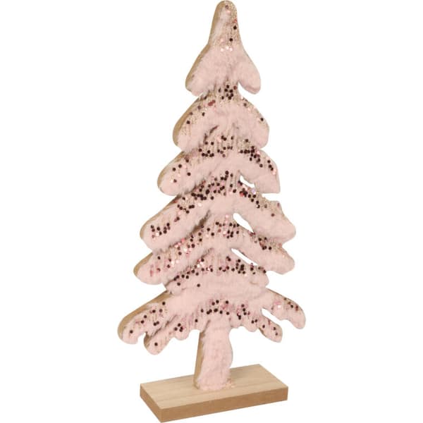 Träjulgran med rosa päls och paljetter
