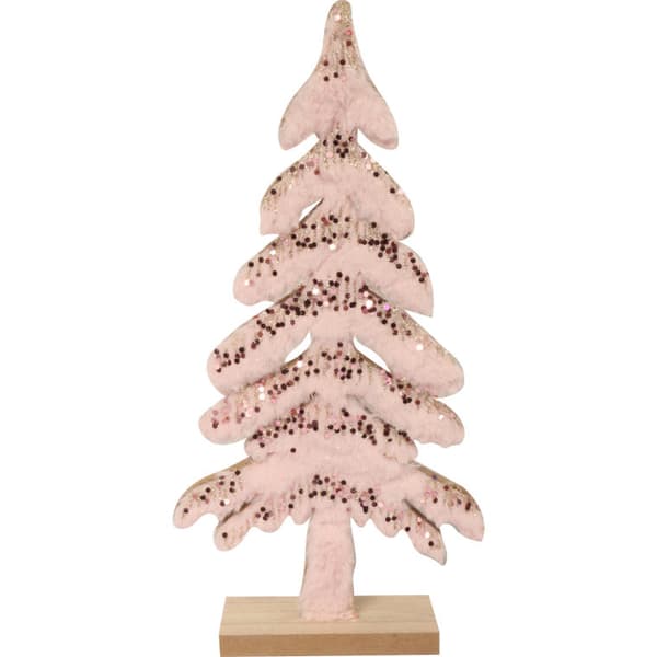 Träjulgran med rosa päls och paljetter