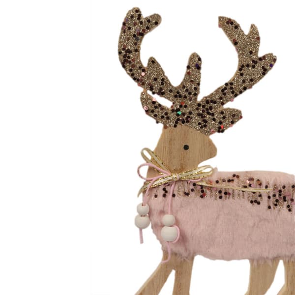 Renfigur av trä med rosa päls och paljetter 13x4x22,5 cm