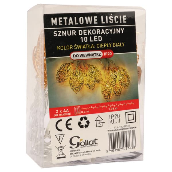 Joulukuusen valoketju metallikultaisilla LED-lehdillä, 10 lamppua, paristokäyttöinen
