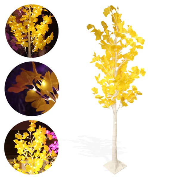 Julgran med löv och LED-belysning 145 lysdioder, hög 150 cm, gul färg, nätström.