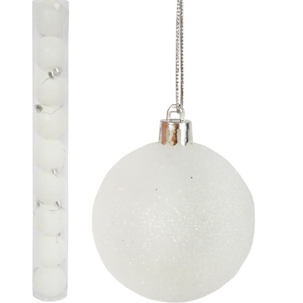 Sæt med 9 hvide julekugler med glitter, plastik, 6 cm