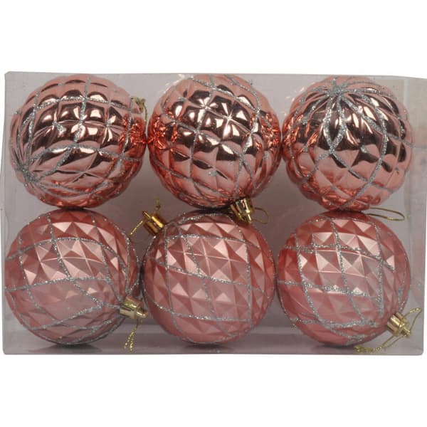 Rosa julgranskulor med glitterdekor, plast, 6 stycken, 8 cm