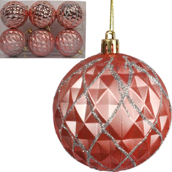 Rosa julgranskulor med glitterdekor, plast, 6 stycken, 8 cm