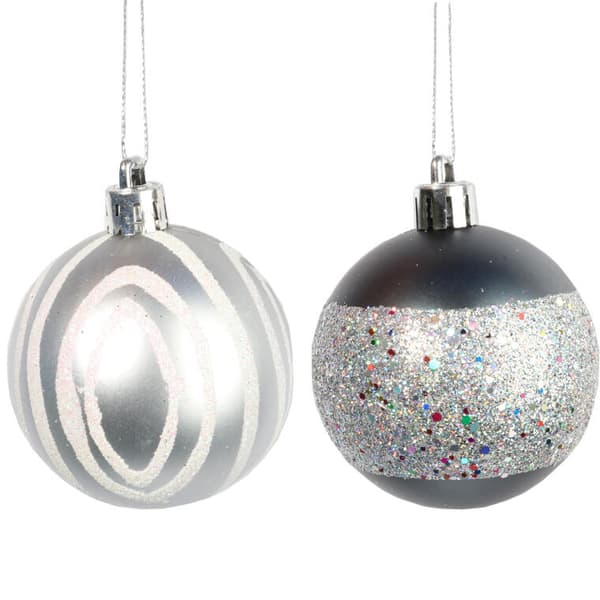 Set med 9 grafitfärgade julkulor i plast, 6 cm.