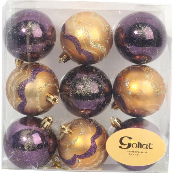 Purppuran ja kullan muoviset joulukorut, joissa on 9 kpl Glitter Decor, 6 cm