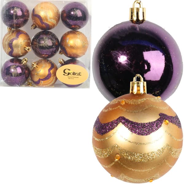 Purppuran ja kullan muoviset joulukorut, joissa on 9 kpl Glitter Decor, 6 cm