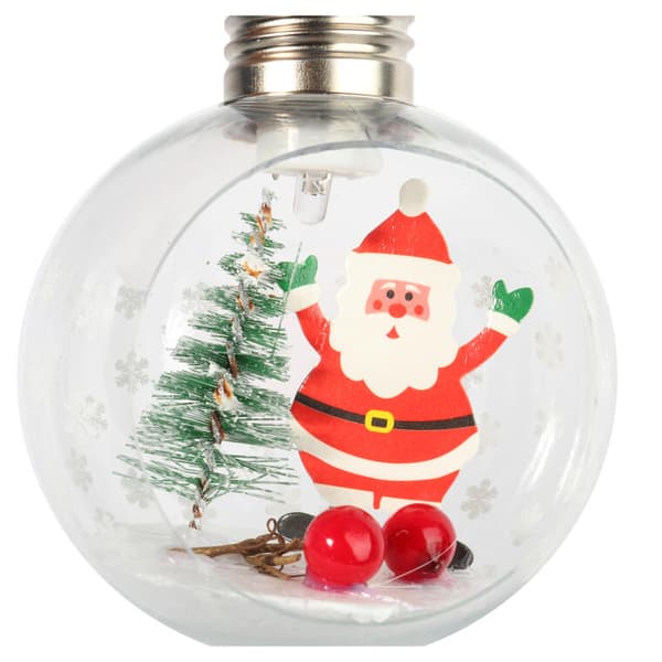 LED julekugle med julemandsfigur, 8 cm, Hvid og gennemsigtig, Batteridrevet