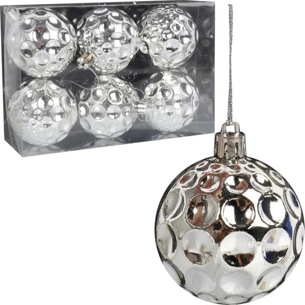 Set med 6 stycken silverplastkulor 6 cm för juldekorationer