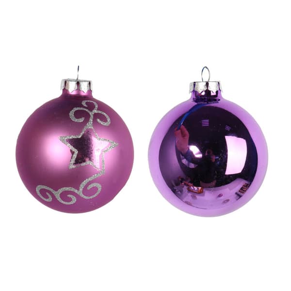 Set med 6 julgranskulor i glas - lila glans och matt med silverglitter, 8 cm