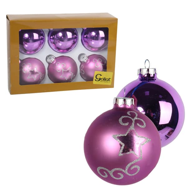 Set med 6 julgranskulor i glas - lila glans och matt med silverglitter, 8 cm