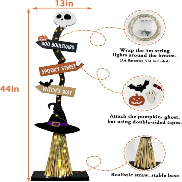 Valoisa Halloween-puinen noidan luuta, käsintehty muotoilu, karmiva hehku, rustiikkinen vintage-koriste
