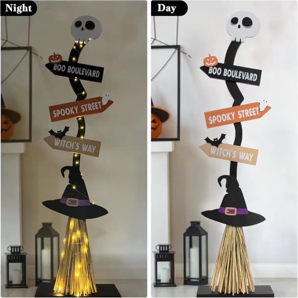 Valoisa Halloween-puinen noidan luuta, käsintehty muotoilu, karmiva hehku, rustiikkinen vintage-koriste