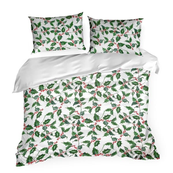 TORI Jouluinen vuodevaatteet setti 220x200 Eurofirany valkoinen vihreä kukkiva holly