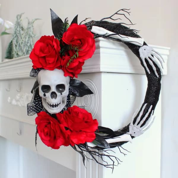 Halloweenkrans, 16 tum, Inomhusbruk, Skalle- och Skelettdesign,bilder