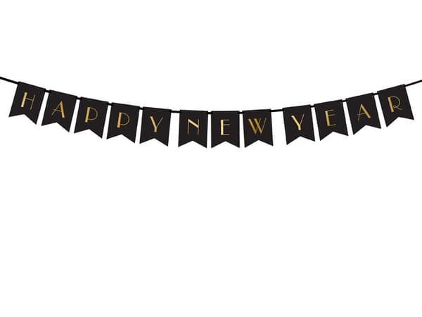 Godt nytårsbanner, sort, 15 x 170 cm (1 karton / 50 pakker)