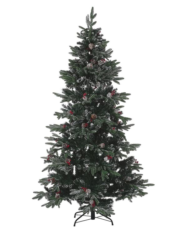 Konstgjord Julgran Grön PVC Metallbas 180 cm med kottar Järn Snöig Ekbär Traditionell