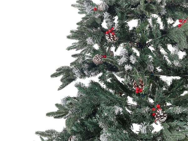 Konstsnöjulgran Grön PVC Metallbas 240 cm med tallkottar Järnek bär Frostat grenar Traditionell