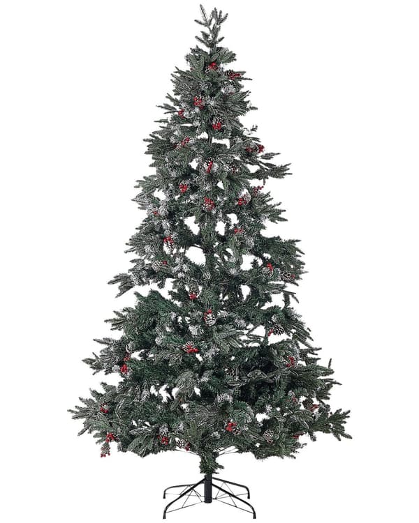 Konstsnöjulgran Grön PVC Metallbas 240 cm med tallkottar Järnek bär Frostat grenar Traditionell