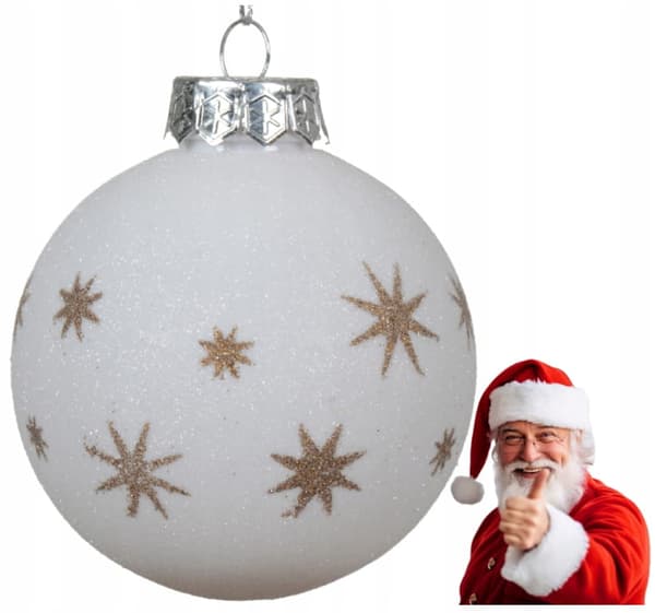 Julgranskula 8cm Vitt glitter med guldstjärnor