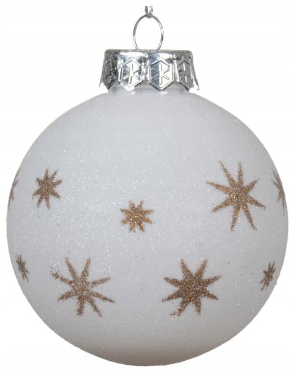 Julgranskula 8cm Vitt glitter med guldstjärnor