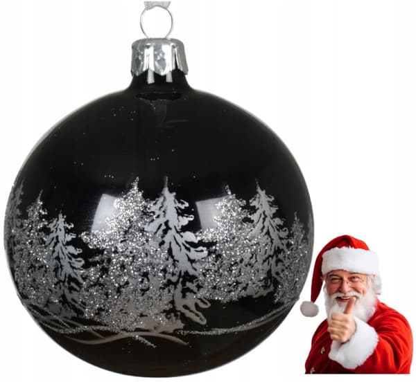 Juletræskugle i glas 8 cm, sort og sølvglimmer