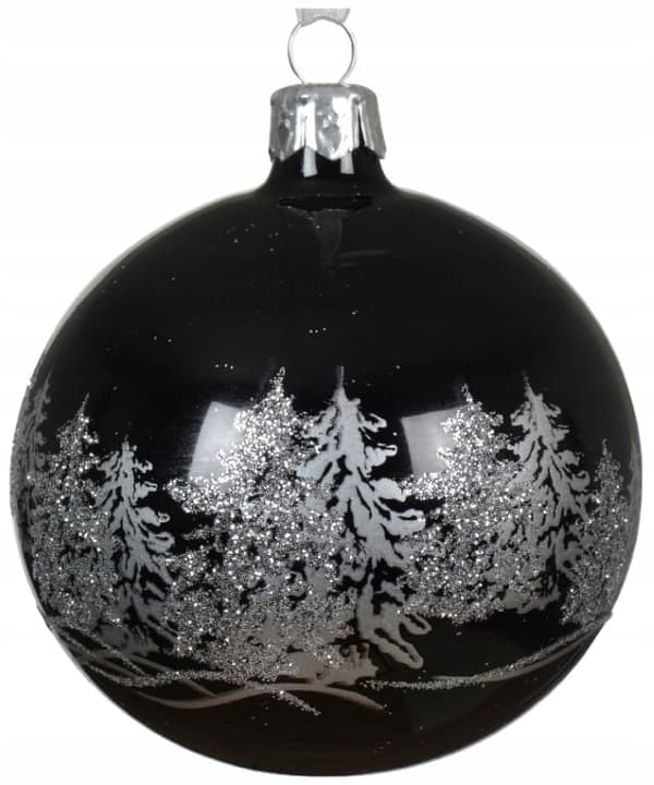 Juletræskugle i glas 8 cm, sort og sølvglimmer