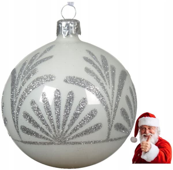 Julgranskula i glas 8 cm vit med silvermönster
