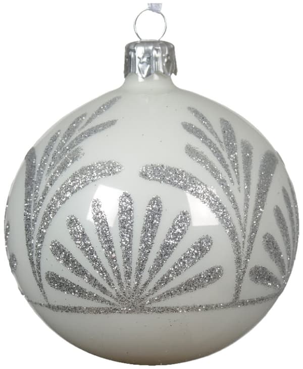 Julgranskula i glas 8 cm vit med silvermönster