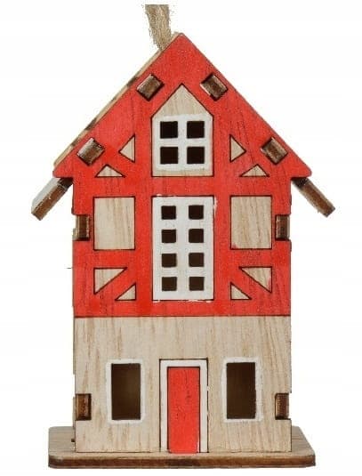 Puinen joulukuusi-riipus 4,5x6x7cm Värikäs talo juuttinauhalla