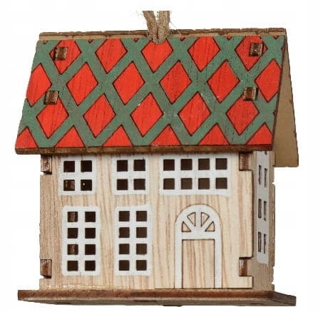 Puinen joulukuusi-riipus 4,5x6x7cm Värikäs talo juuttinauhalla
