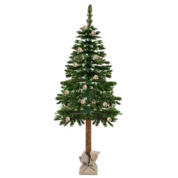 Kunstigt juletræ - 180 cm - med træstamme og fyrrekogler