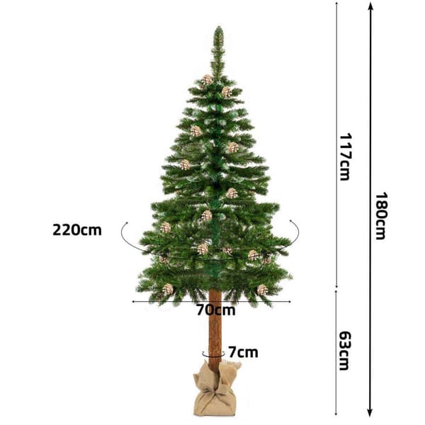 Luxe 180cm keinujoulukuusi luonnollisella rungolla & 20 käpyä - Elegantti joulukoriste