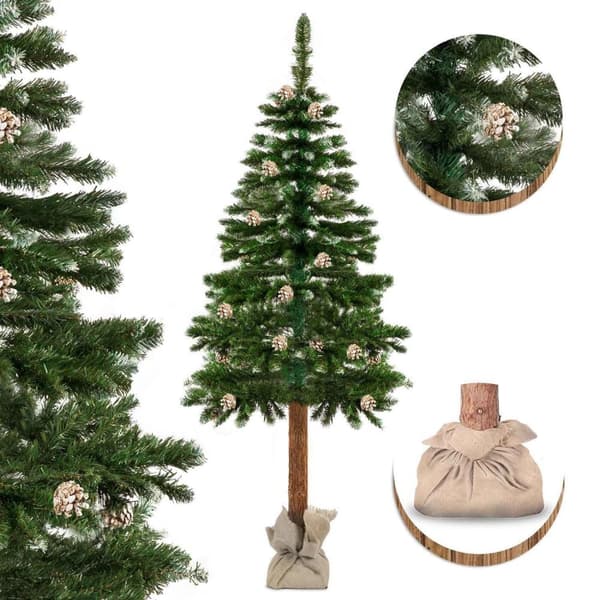 Ympäristöystävällinen 180cm keinokuusi puurunkoineen ja käpyineen