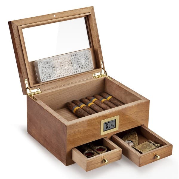 Cigar Humidor Med Hygrometer Fugter 2 skuffer cedertræ bærbar Humidor æske