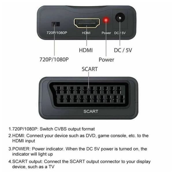 SCART till HDMI-adapter, 1080P SCART till HDMI-omvandlare med USB-strömkabel för anslutning av en