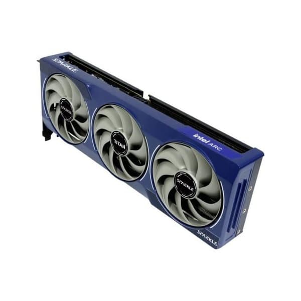 Sparkle Intel Arc B580 Titan OC, 12 GB GDDR6, krosskyldning 2.0, axiventilator, andningsljus, baksida.