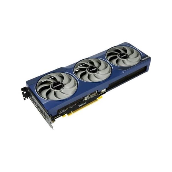 Sparkle Intel Arc B580 Titan OC, 12 GB GDDR6, krosskyldning 2.0, axiventilator, andningsljus, baksida.