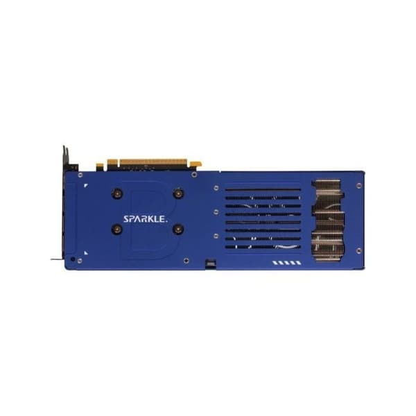 Sparkle Intel Arc B580 Titan OC, 12 GB GDDR6, krosskyldning 2.0, axiventilator, andningsljus, baksida.