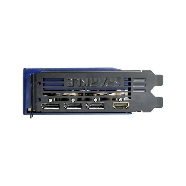 Sparkle Intel Arc B580 Titan OC, 12 GB GDDR6, krosskyldning 2.0, axiventilator, andningsljus, baksida.