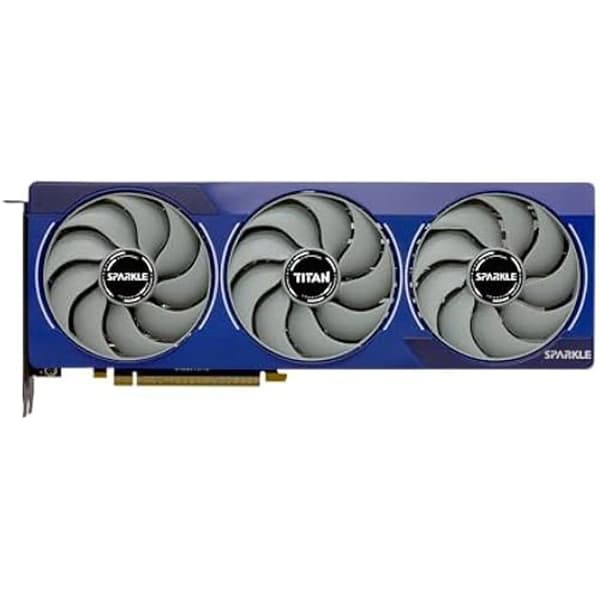 Sparkle Intel Arc B580 Titan OC, 12 GB GDDR6, krosskyldning 2.0, axiventilator, andningsljus, baksida.
