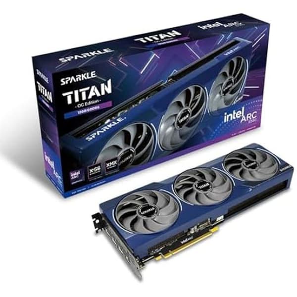 Sparkle Intel Arc B580 Titan OC, 12 GB GDDR6, krosskyldning 2.0, axiventilator, andningsljus, baksida.