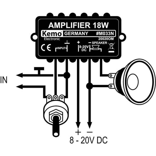 Kemo M033N Mono-förstärkare Komponent 9 V/DC, 12 V/DC, 18 V/DC, 20 V/DC 18 W 4 Ω